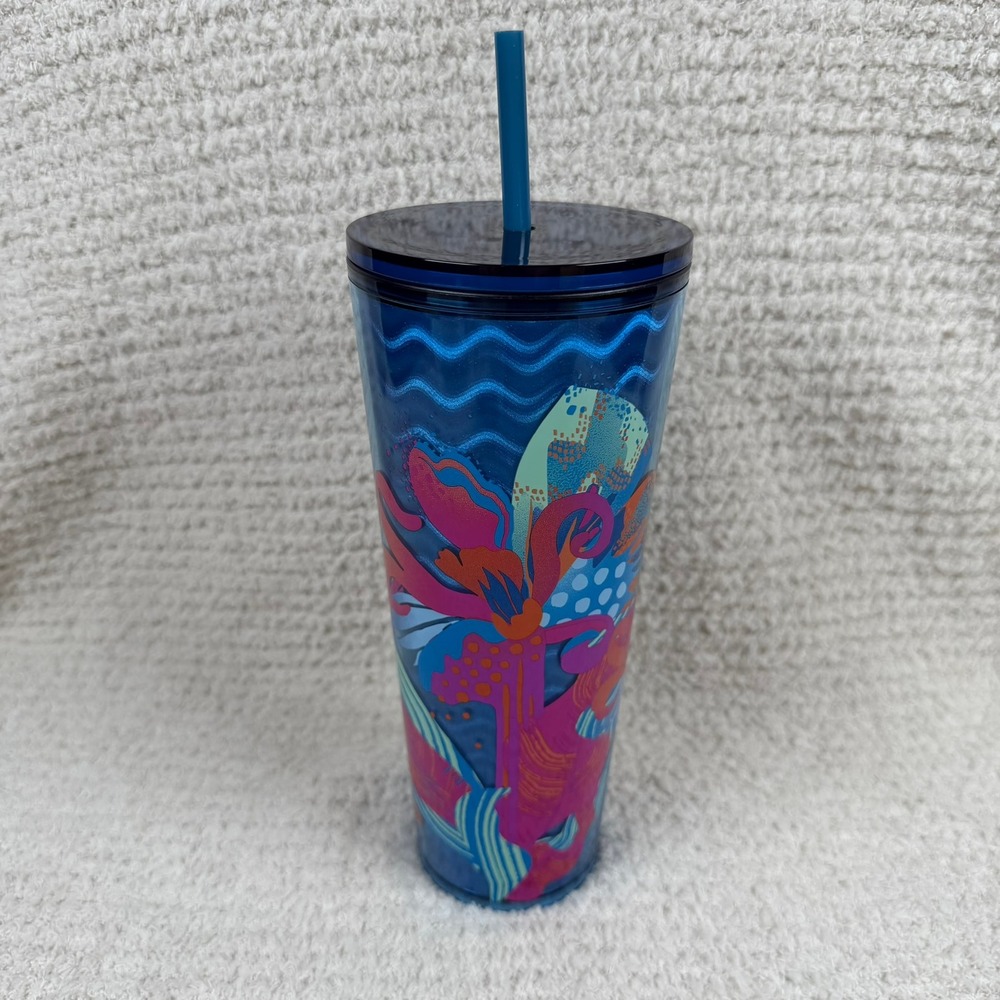 Starbucks Tumbler 24 oz Blue Floral‎ Waves Reusable Cup with Straw BPA Free